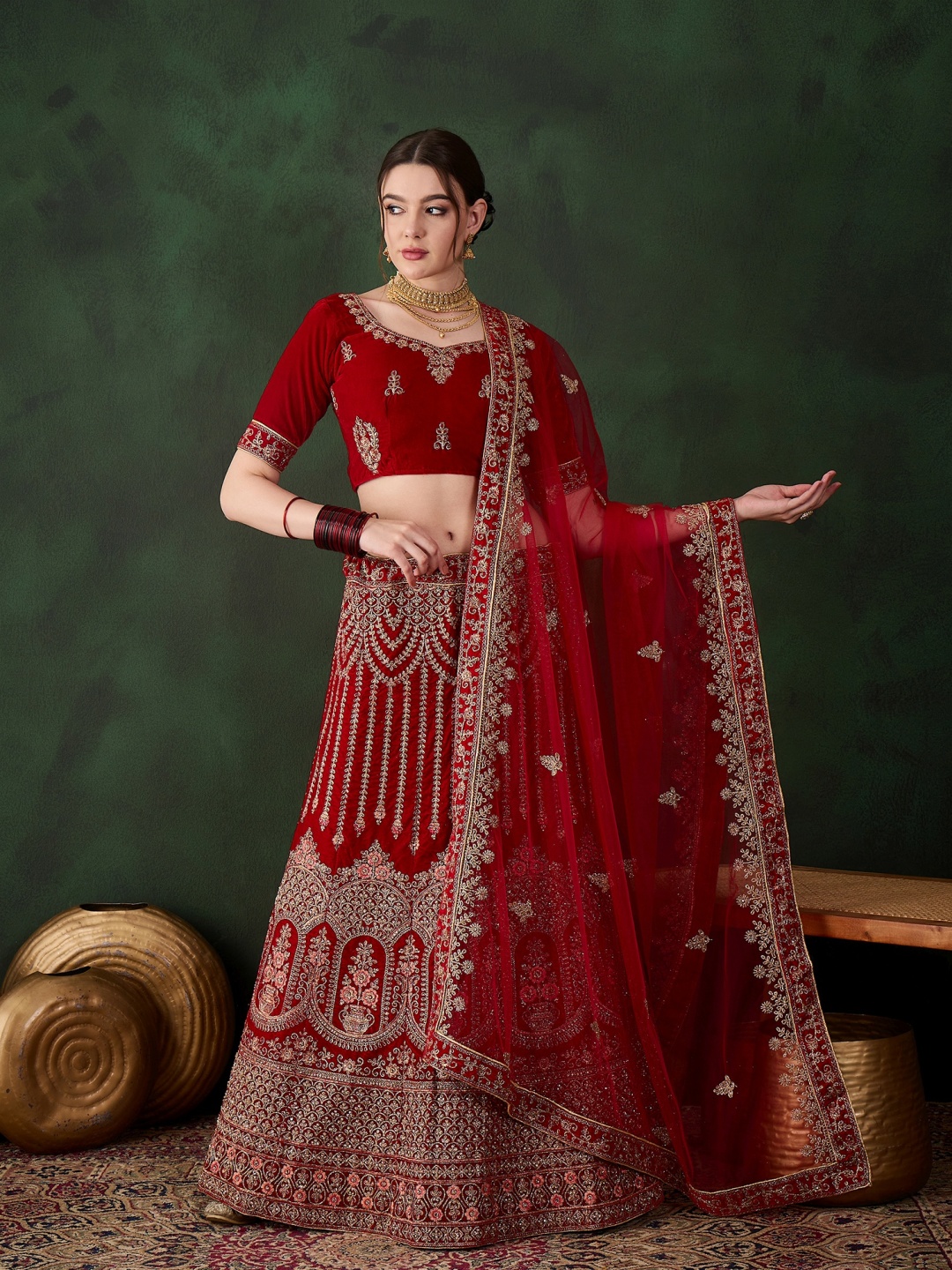 

DEVATITHI Embroidered Thread Work Velvet Semi-Stitched Lehenga & Blouse With Dupatta, Red