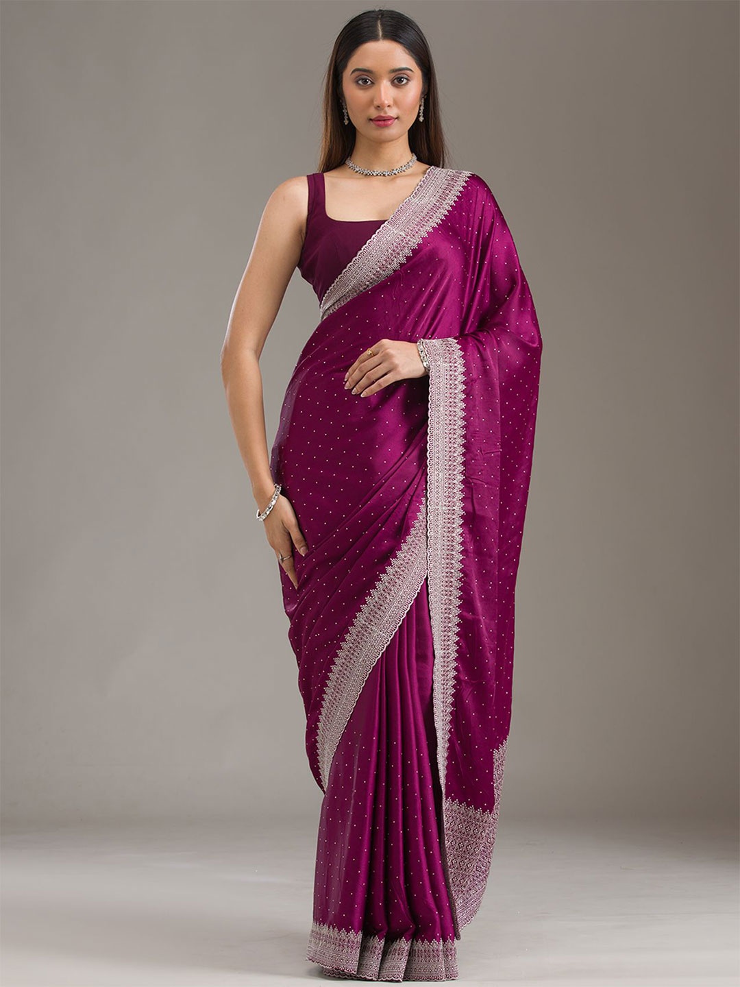 

Koskii Wine Embellished Satin Saree, Burgundy