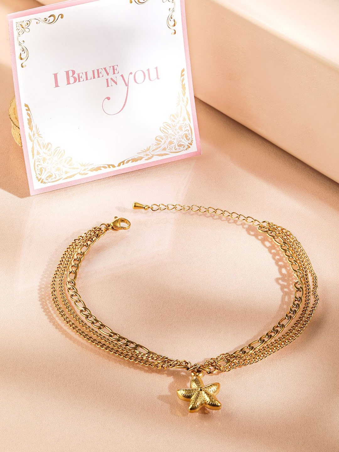 

Rubans Valentine's 18KT Gold-Plated Stainless-Steel Tarnish-Free Multilayer Charm Anklet