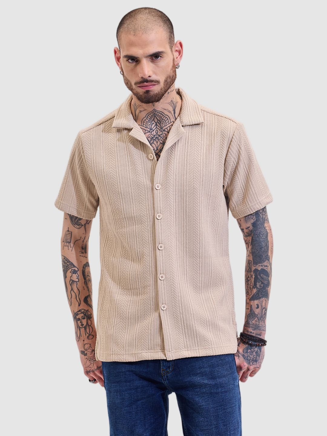 

Snitch Men Comfort Boxy Fit Cuban Collar Solid Casual Shirt, Beige