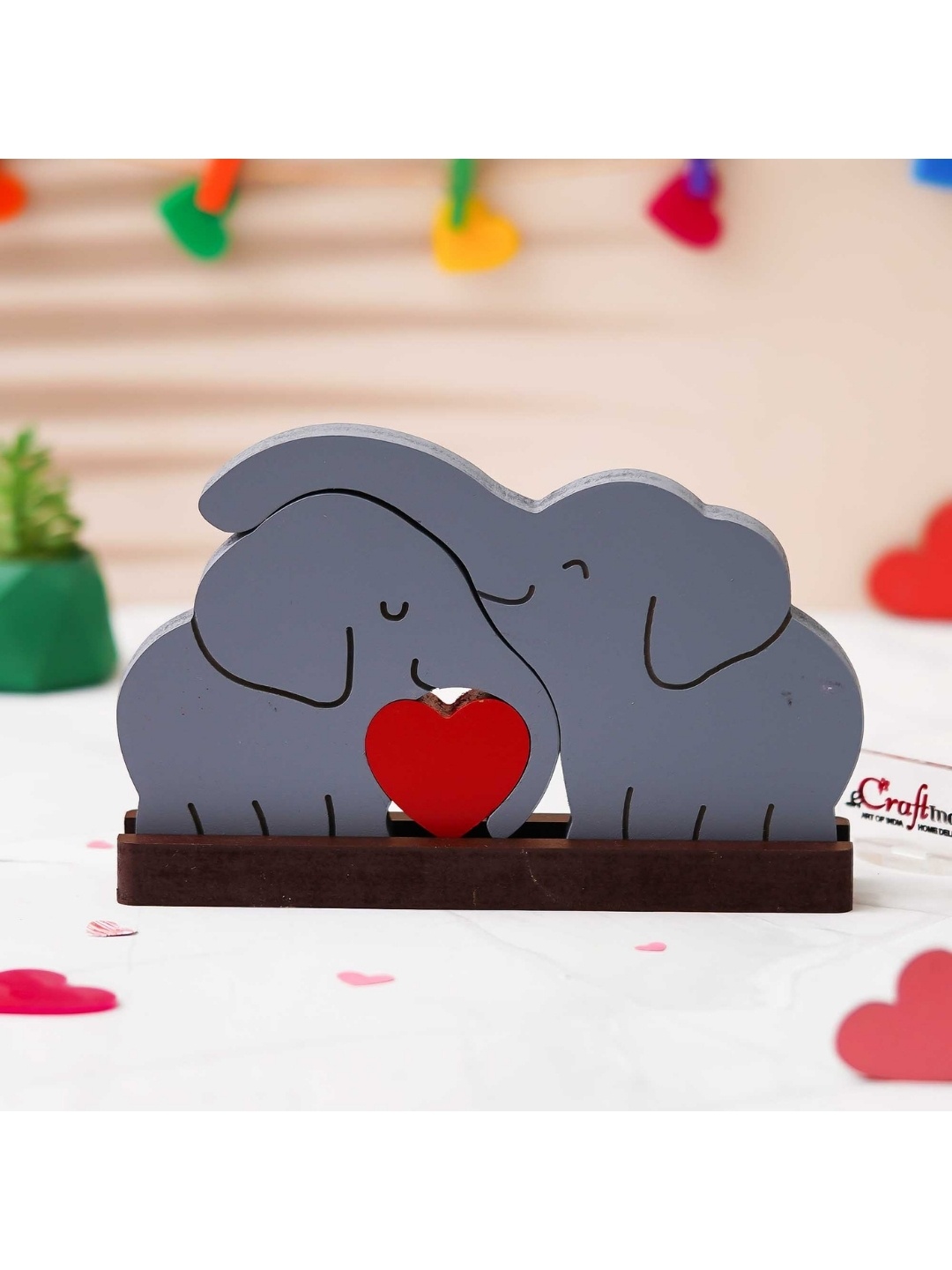 

eCraftIndia Grey & Red Wooded Cuddling Elephants Showpiece