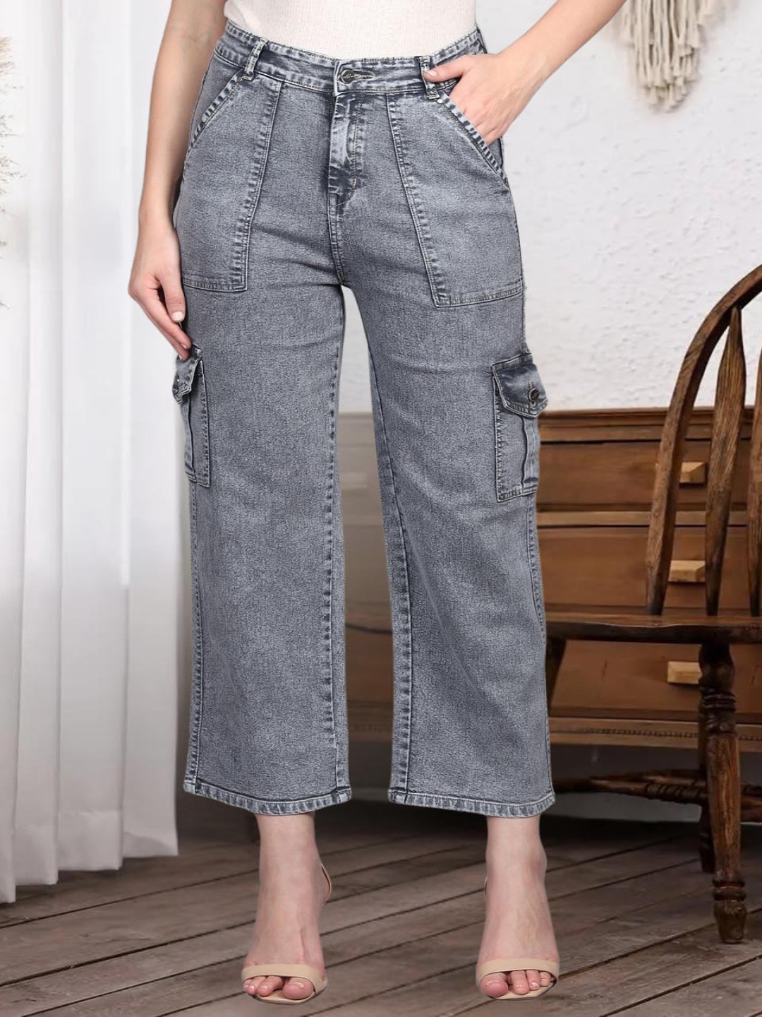 

DressBerry Women Comfort Wide Leg High-Rise Light Fade Stretchable Jeans, Grey
