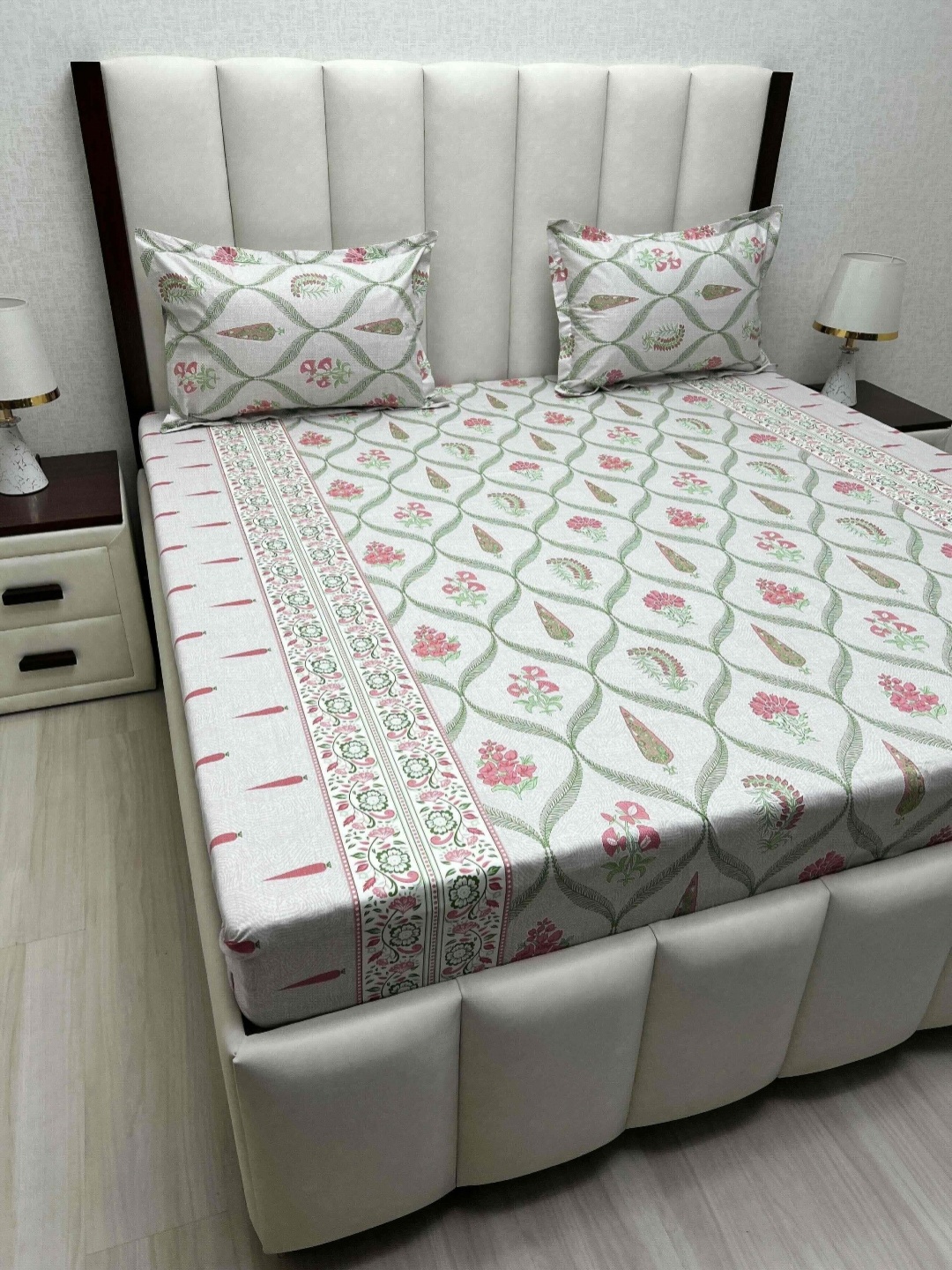 

Pure Decor Green & Grey Floral Pure Cotton 400 TC Queen Bedsheet 2.28 m x 2.54 m