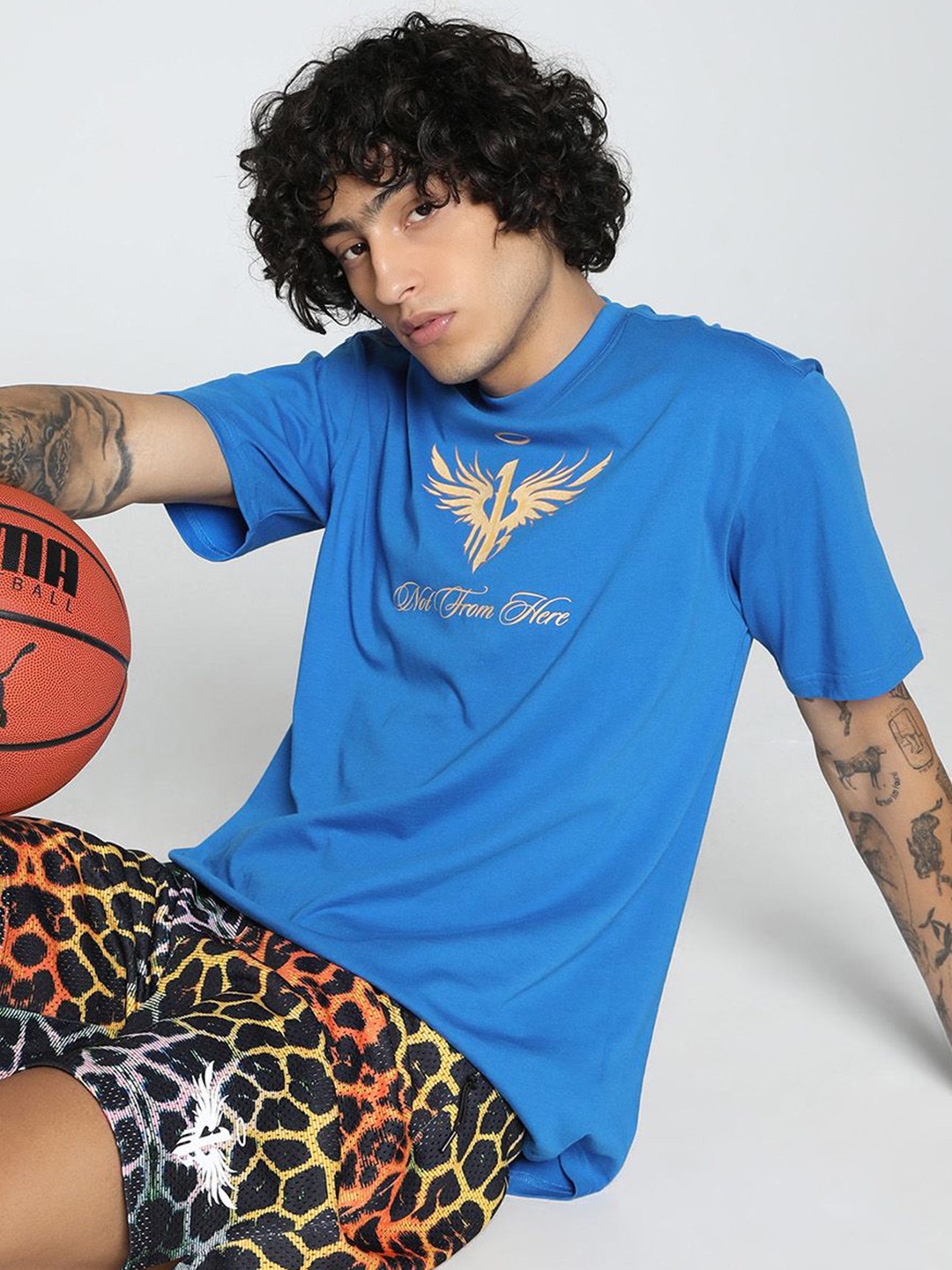 

Puma Melo Golden Men Printed Pure Cotton Oversized Fit Basketball T-Shirt, Blue