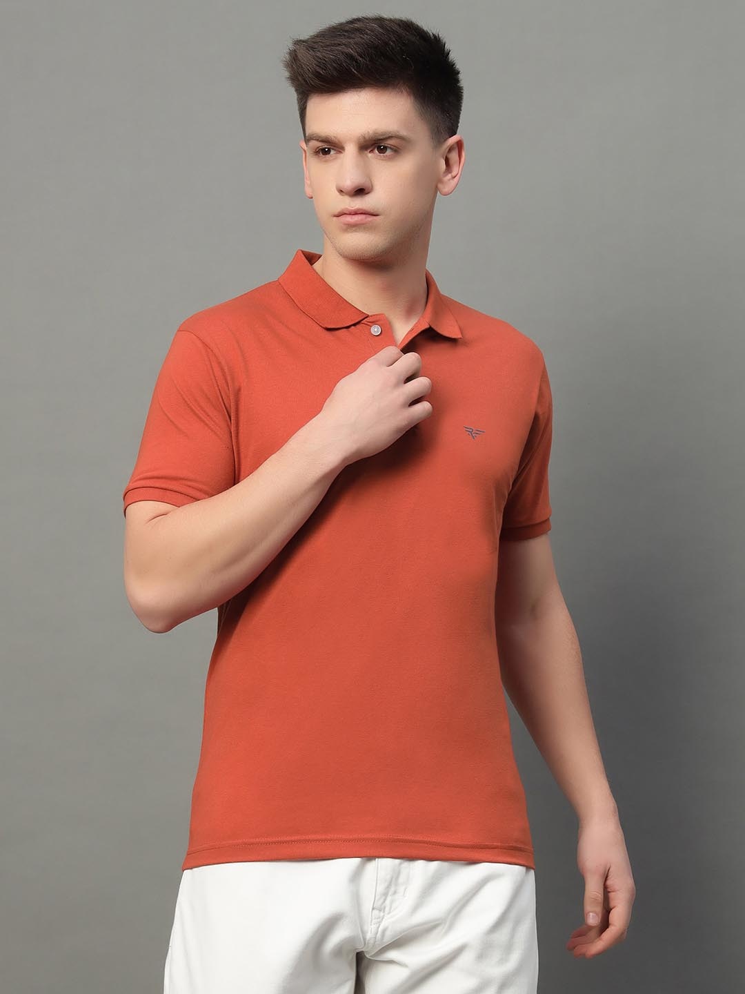 

RISS Men Solid Polo Collar Cotton T-shirt, Rust