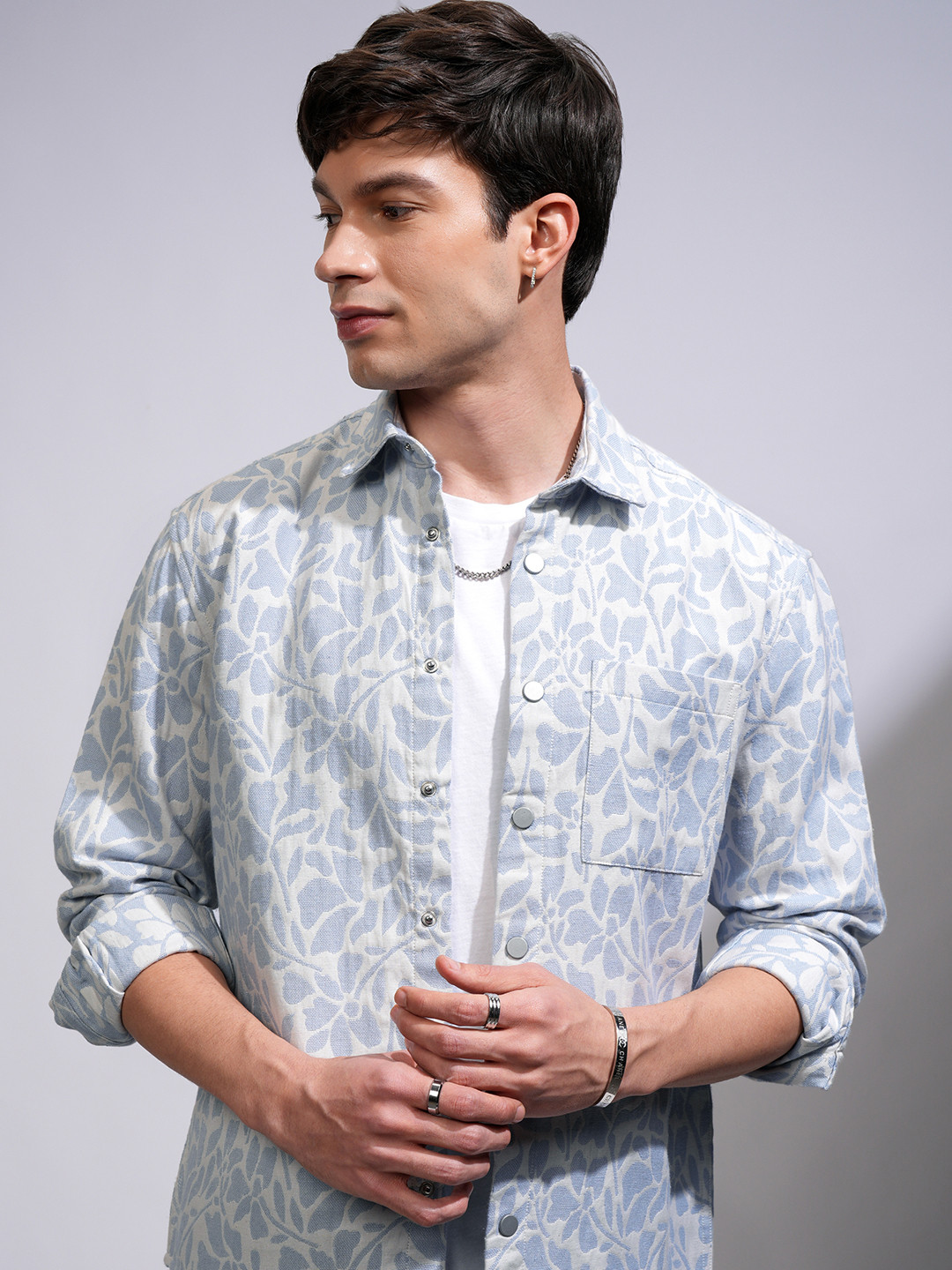 

HIGHLANDER Men Abstract Jacquard Relaxed Overshirt, White