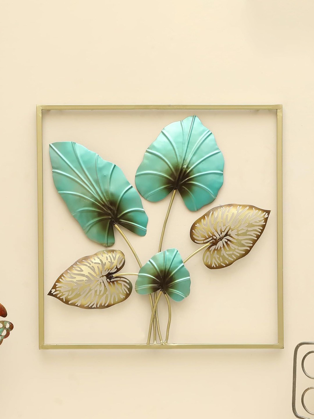 

vedas W-Anika Gold-Toned & Green Square Leafs Wall Hanging