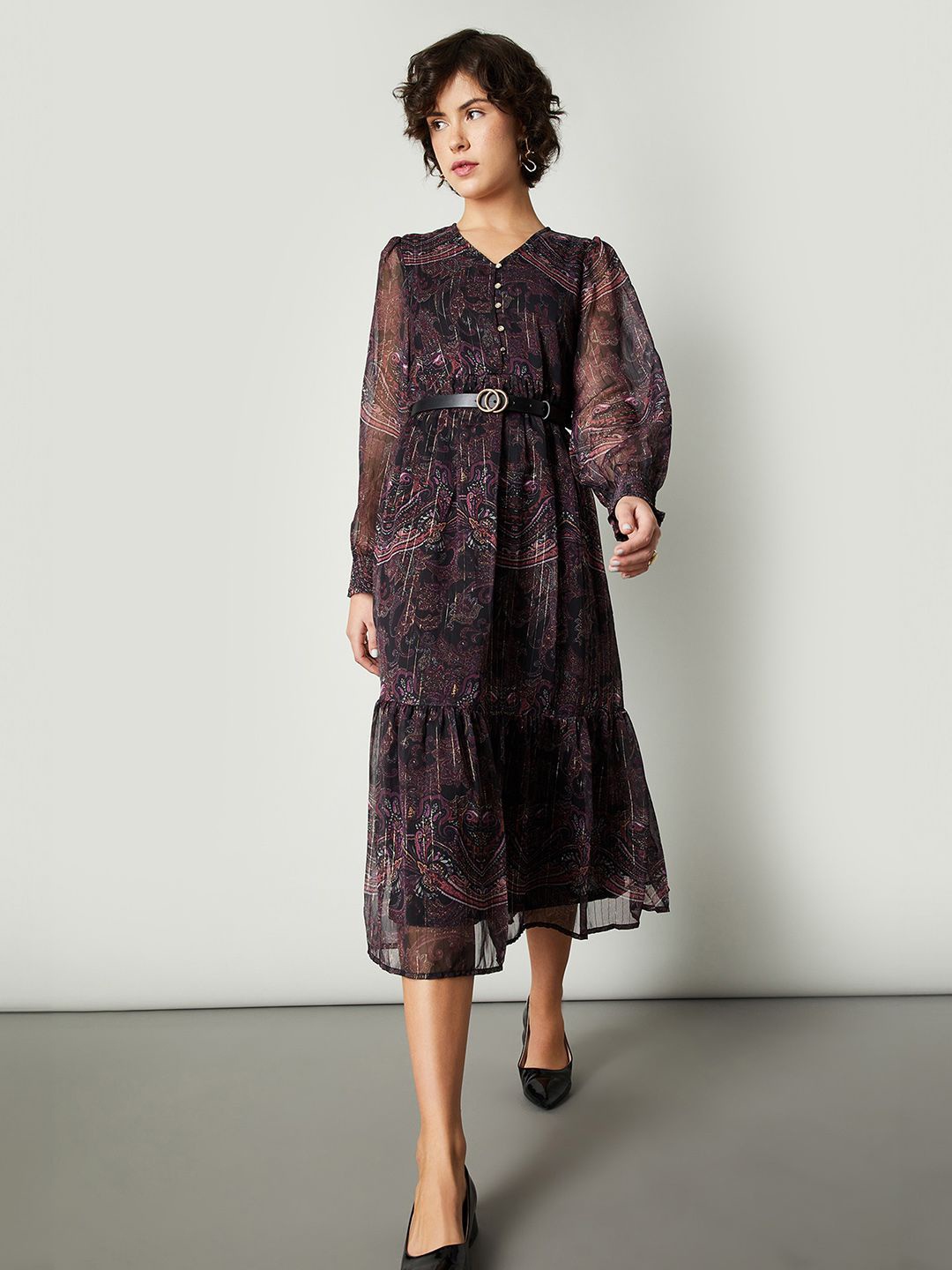 

max Women Floral Printed V-Neck Puff Sleeve Fit & Flare Midi Dress, Black