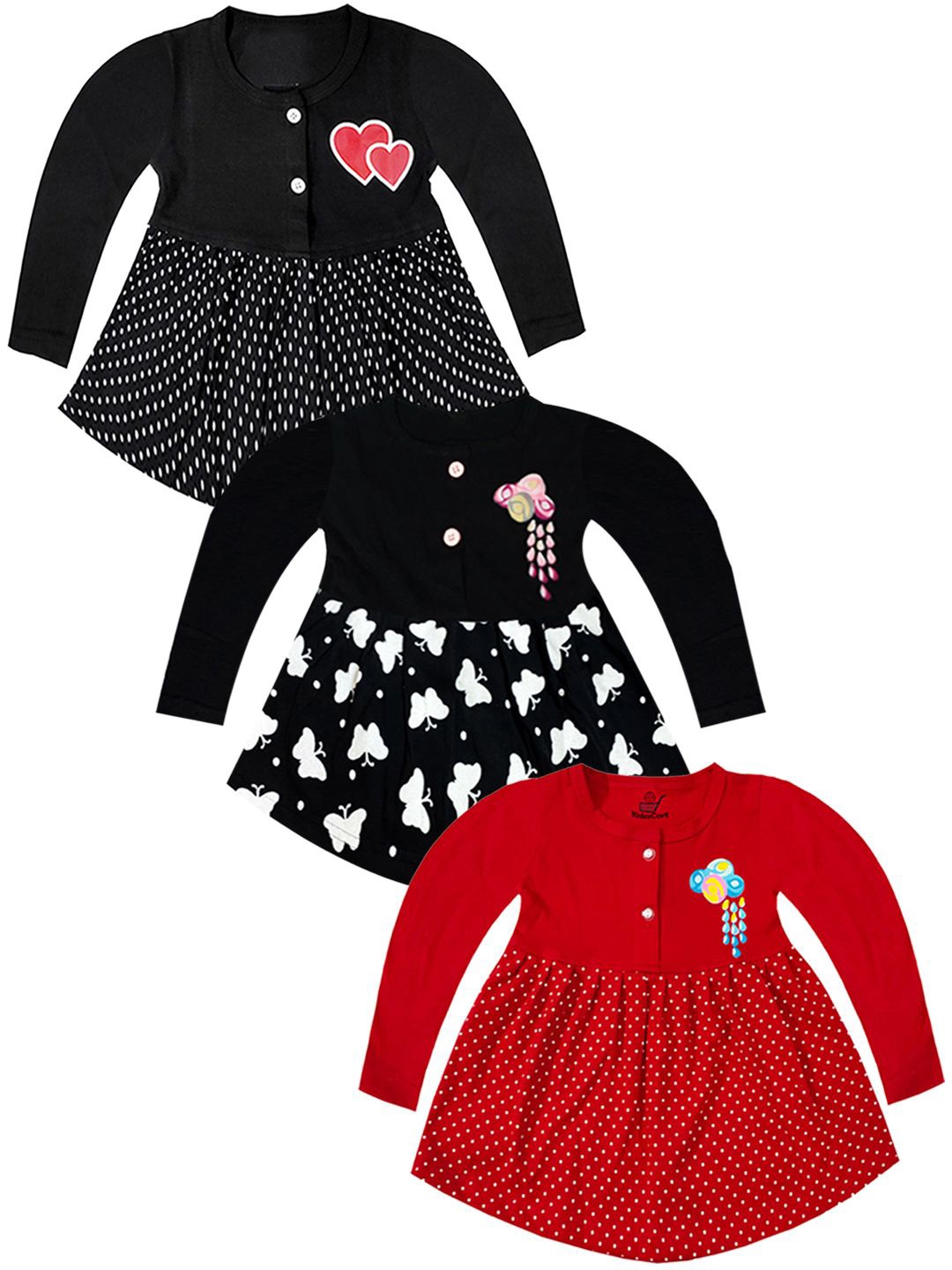 

KidzzCart Girls Pack of 3 Polka Dot Printed Cotton Fit & Flare Dress, Black