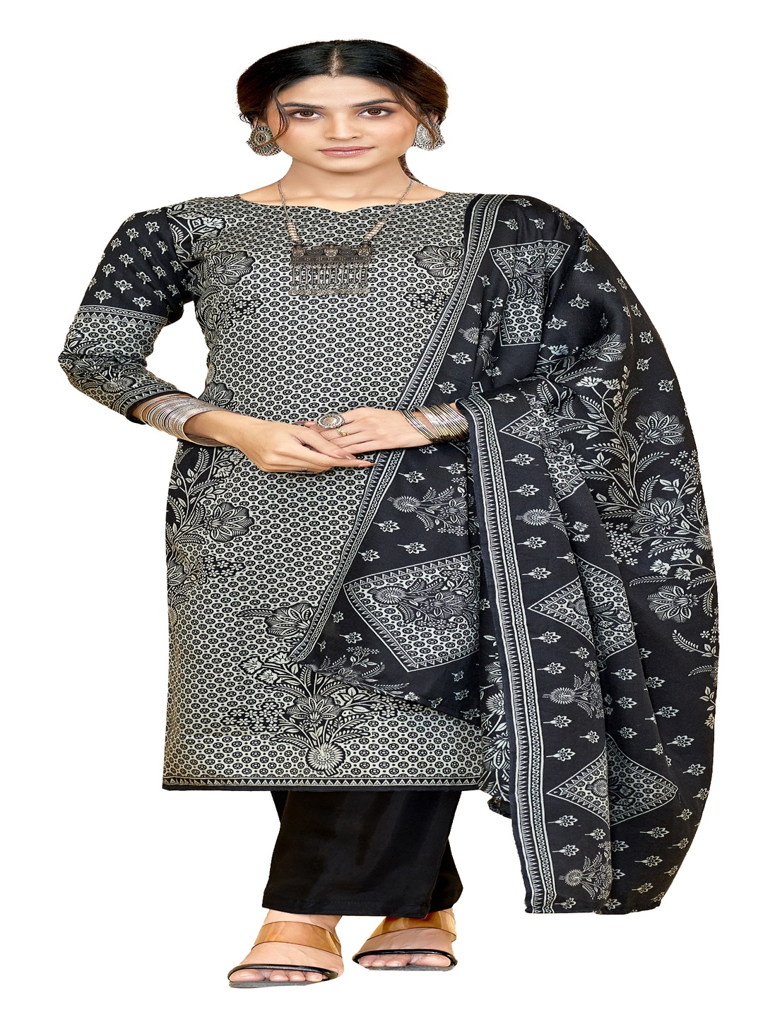 

DRAVINAM Trends Floral Printed Pashmina Unstitched Dress Material, Black