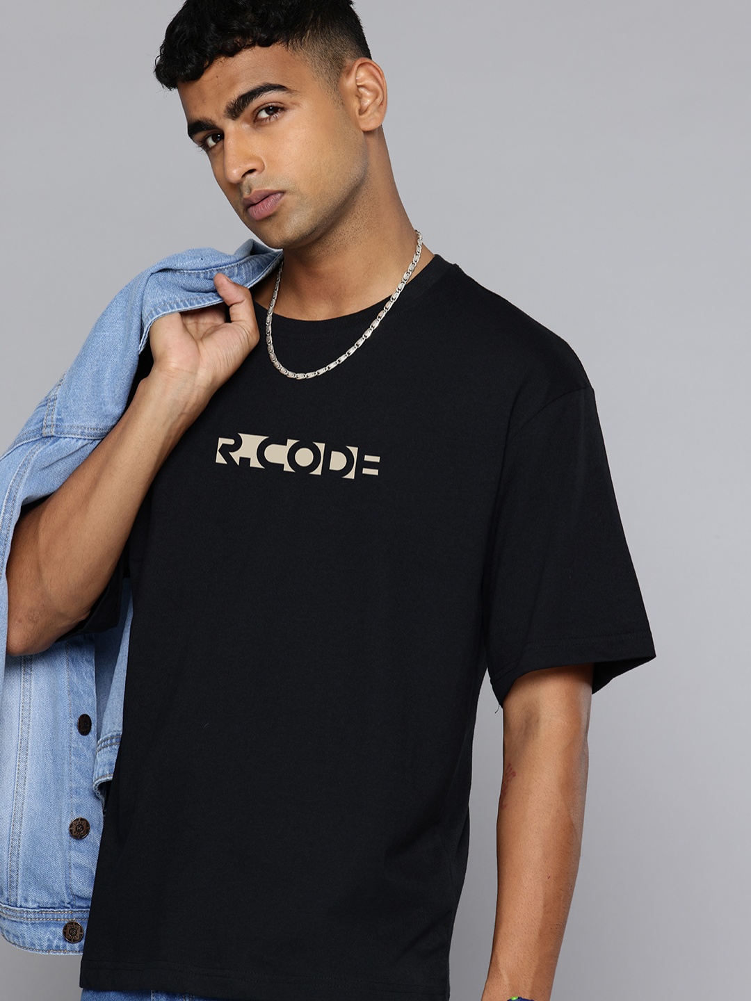 

R.Code by The Roadster Life Co. Men Printed Applique T-shirt, Black
