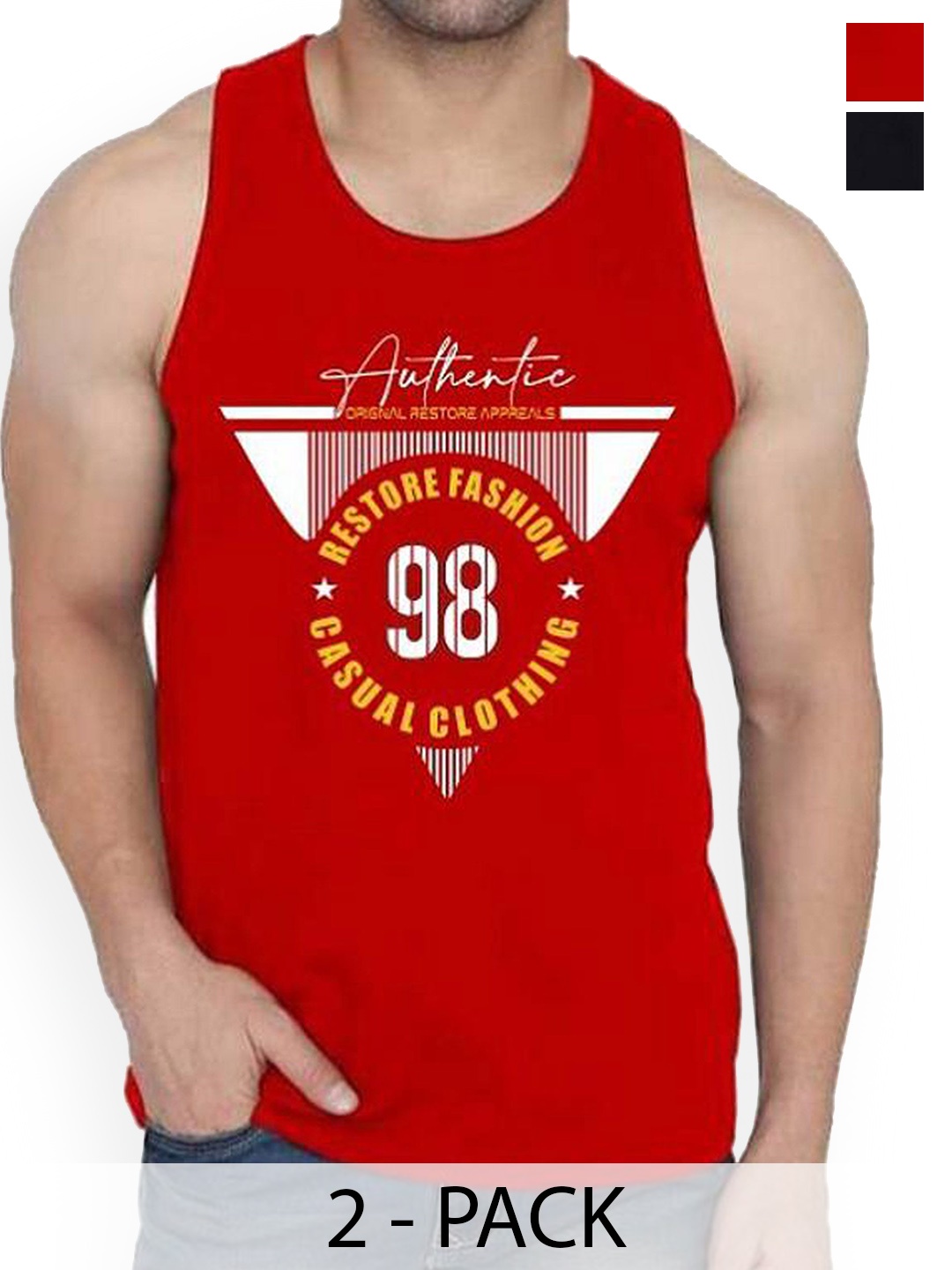 

WOOSTRO Men Pack Of 2 Printed Sleeveless Innerwear Gym Vests, Red