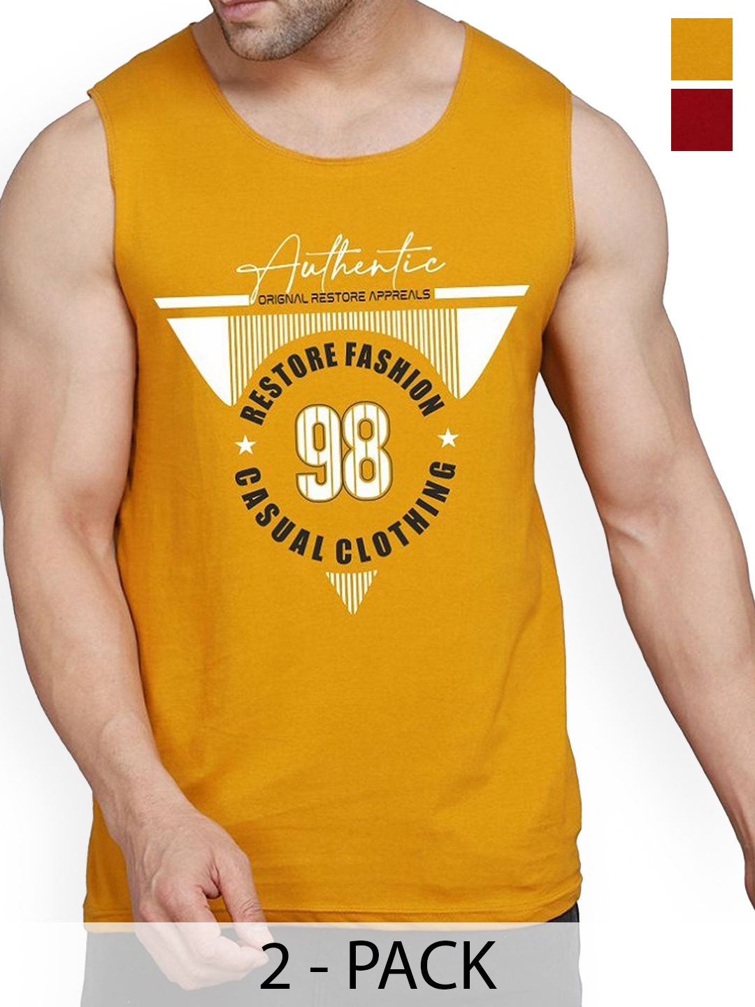 

WOOSTRO Men Pack Of 2 Printed Sleeveless Innerwear Gym Vests, Mustard