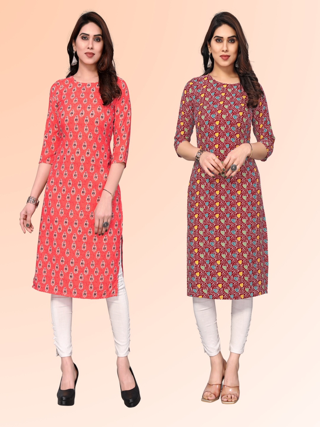 

KETAKI FASHION Selection of 2 Ethnic Motifs Printed Round Neck Straight Kurtas, Red