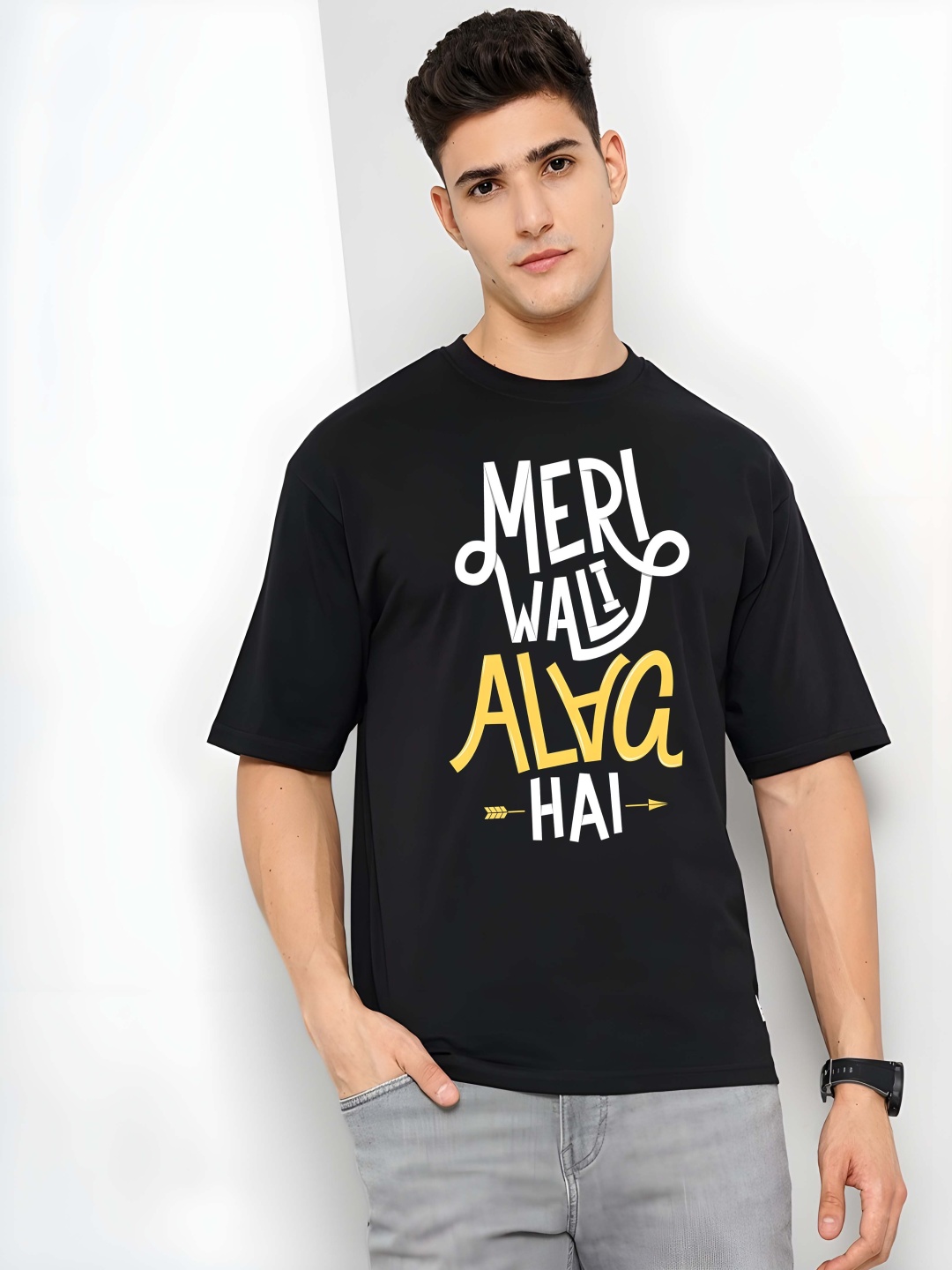 

Moda Rapido Men Typography Printed Round Neck Cotton Oversized T-shirt, Black
