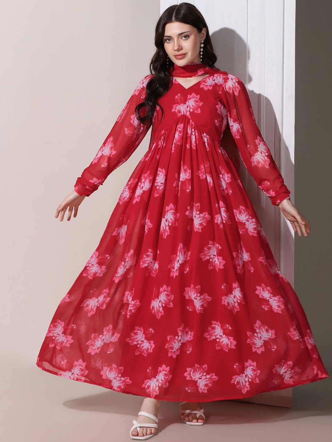 

Moda Rapido Floral Printed Maxi Dress With Dupatta, Red