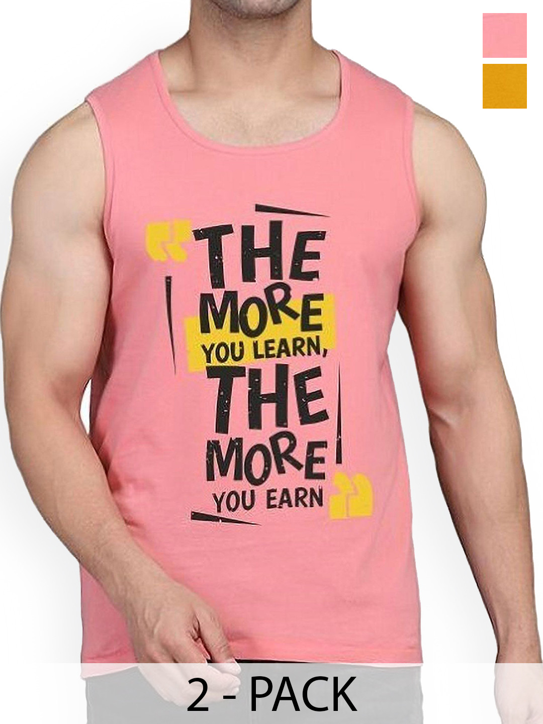 

WOOSTRO Pack Of 2 Printed Cotton Gym Vests RS26 CMB (HARD MUSTARD) (MORE PEACH)