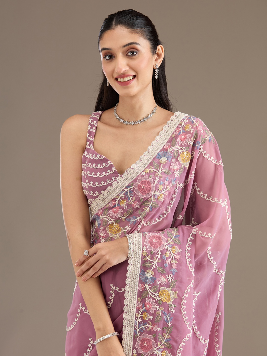 

Koskii Purple Embellished Tissue Saree