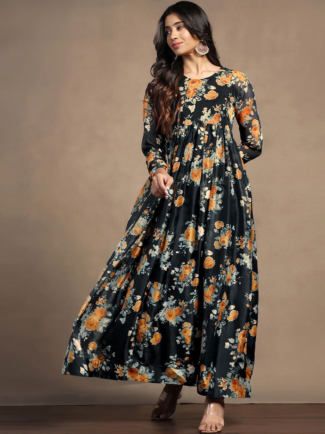

Moda Rapido Floral Printed Tabby Organza Maxi Dress, Black