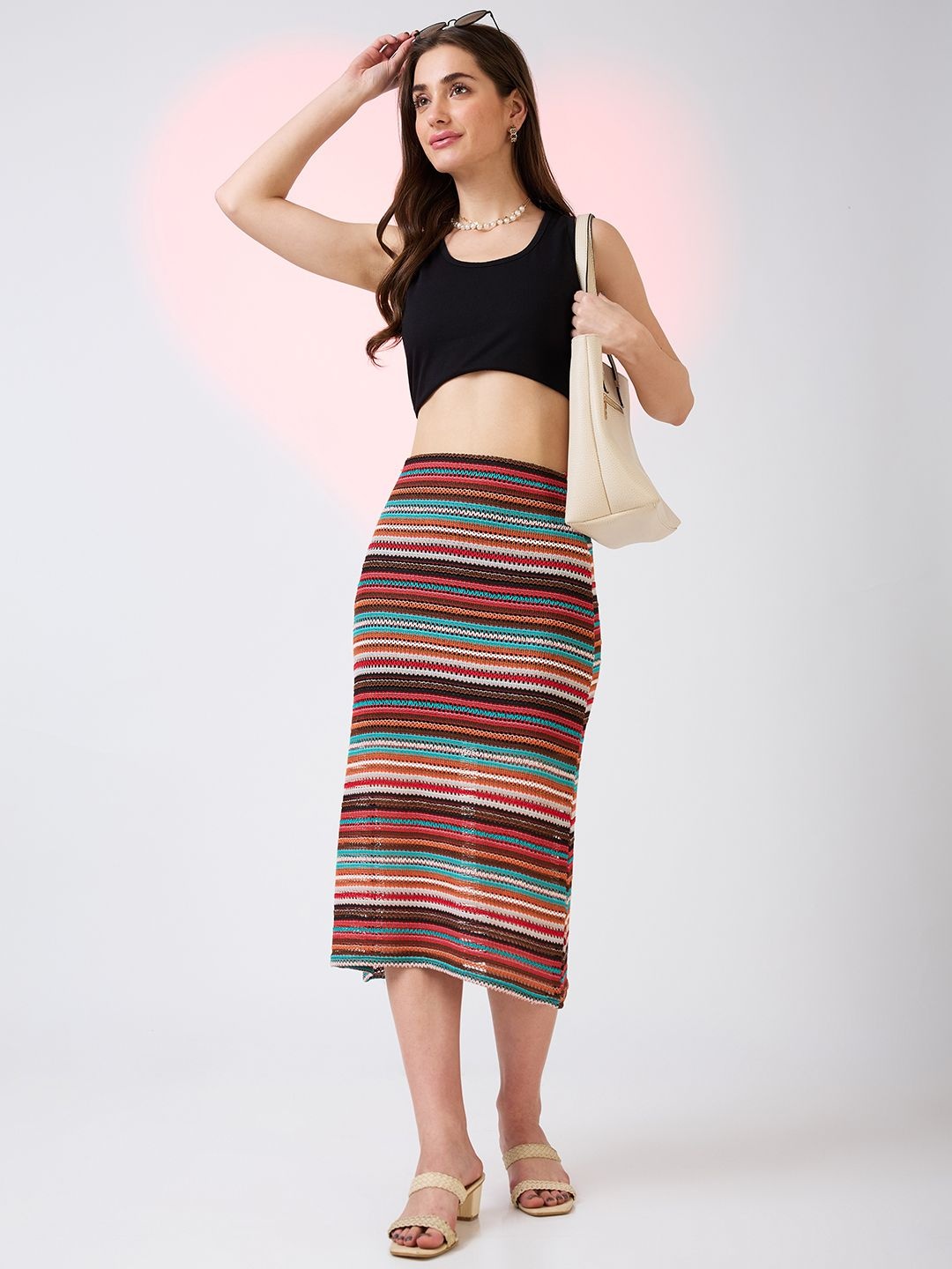 

Globus Colour Stripes Pattern Crochet Mid Rise Straight Midi Skirt, Blue