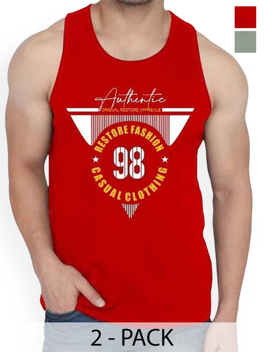

WOOSTRO Men Pack Of 2 Printed Sleeveless Innerwear Gym Vests, Red