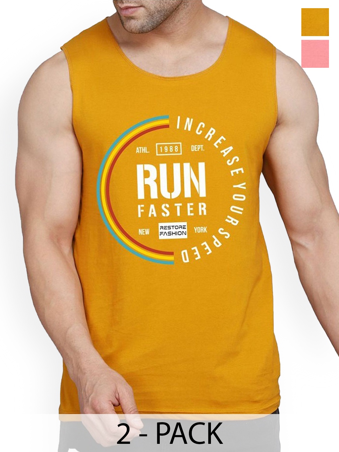 

WOOSTRO Men Pack Of 2 Printed Cotton Gym Innerwear Vests, Peach