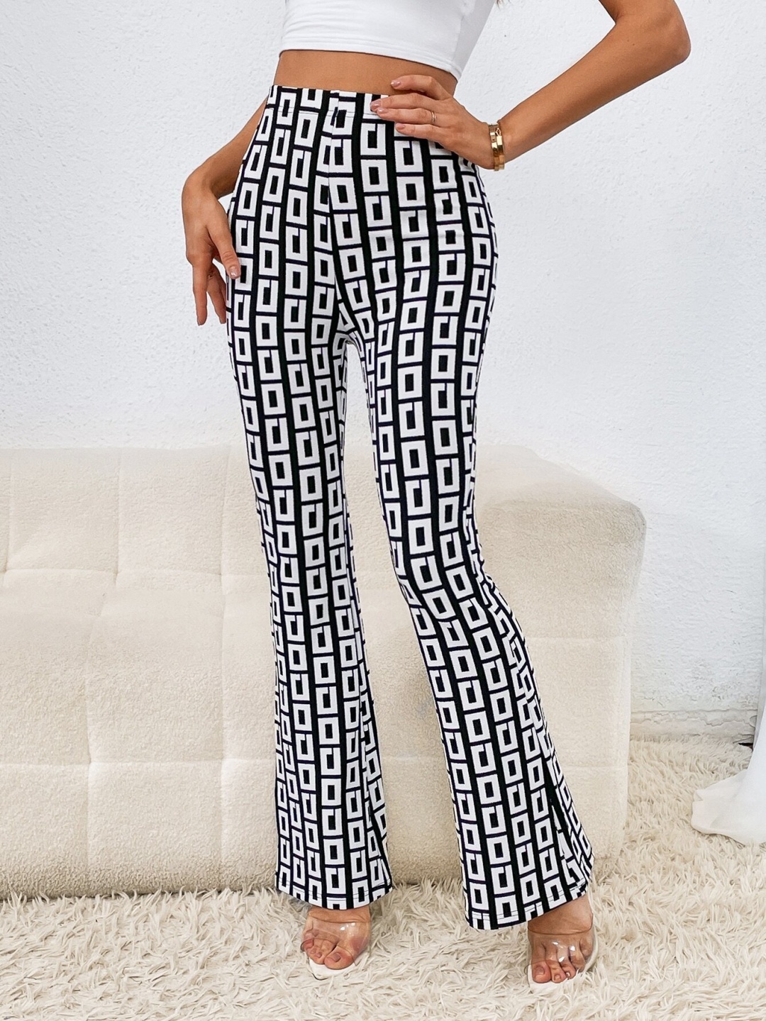 

SHINE N SHOW Women Printed Smart Straight Fit High-Rise Bootcut Trousers, Black