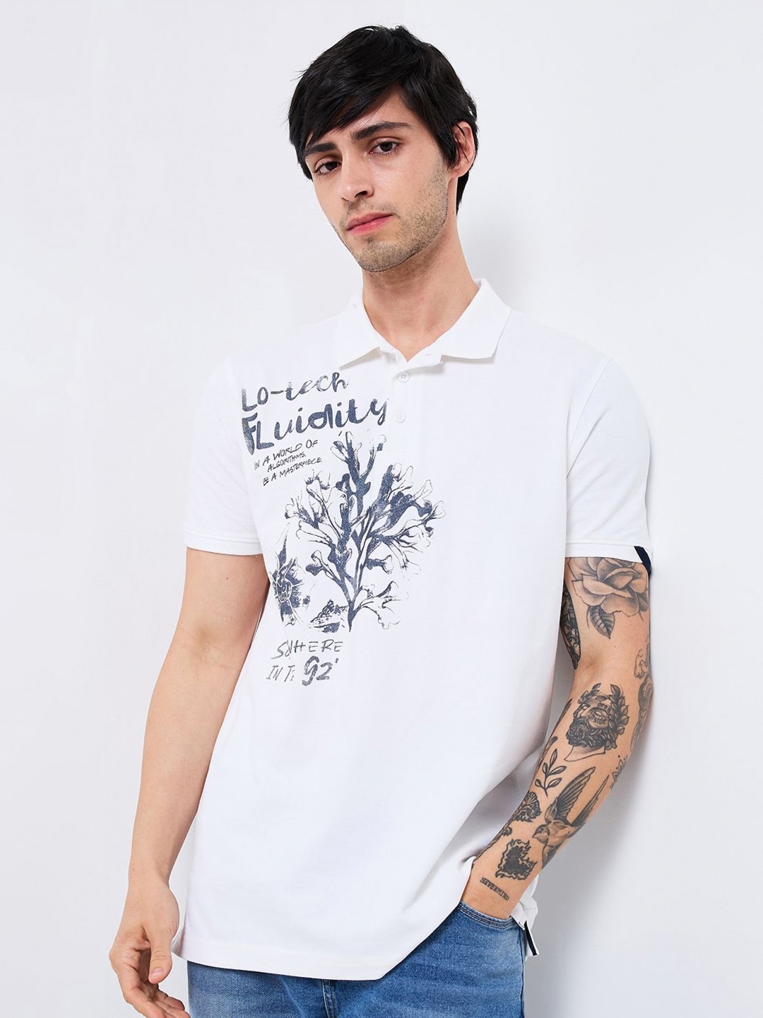 

SPYKAR Men Typography Printed Polo Collar Cotton Slim Fit T-shirt, White
