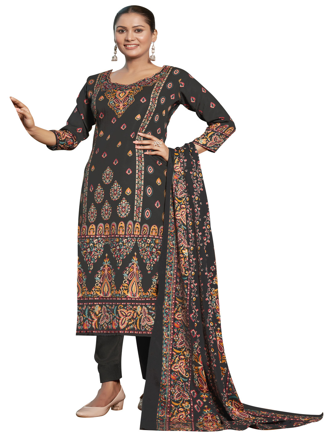 

DRAVINAM Ethnic Motifs Printed Pashmina Unstitched Dress Material, Grey