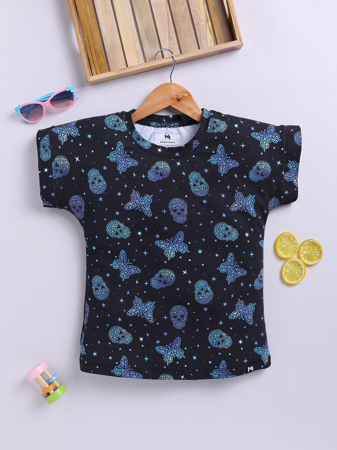 

YK X Minute Mirth Girls Print Extended Sleeves Cotton Top, Black