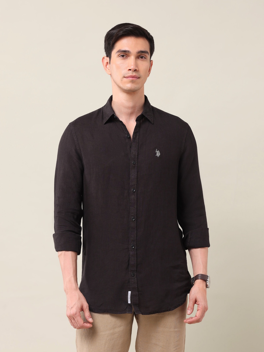 

U.S. Polo Assn. Men Classic Fit Spread Collar Solid Linen Casual Shirt, Brown