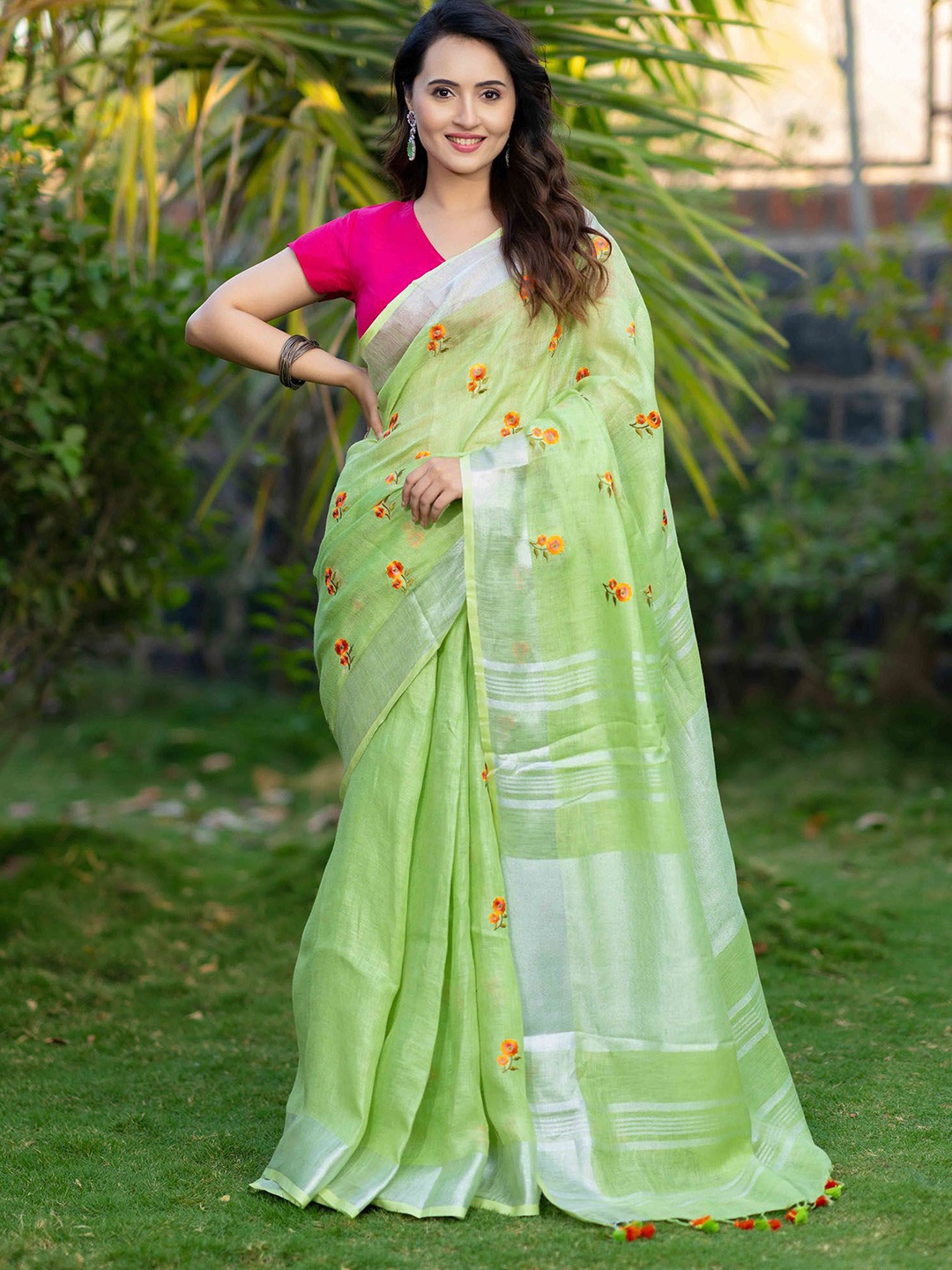 

Prasam Floral Embroidered Pure Linen Saree, Lime green