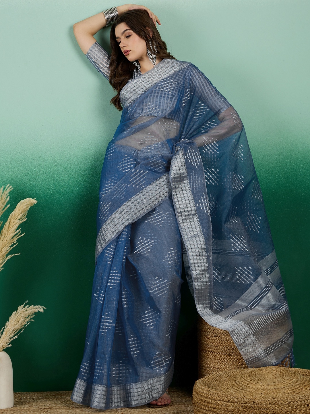 

DEVATITHI Teal Khadi Organza Saree