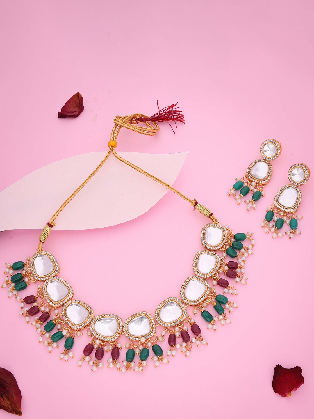 

Lyriss Gold-Plated American Diamond Studded & Beaded Jewellery Set