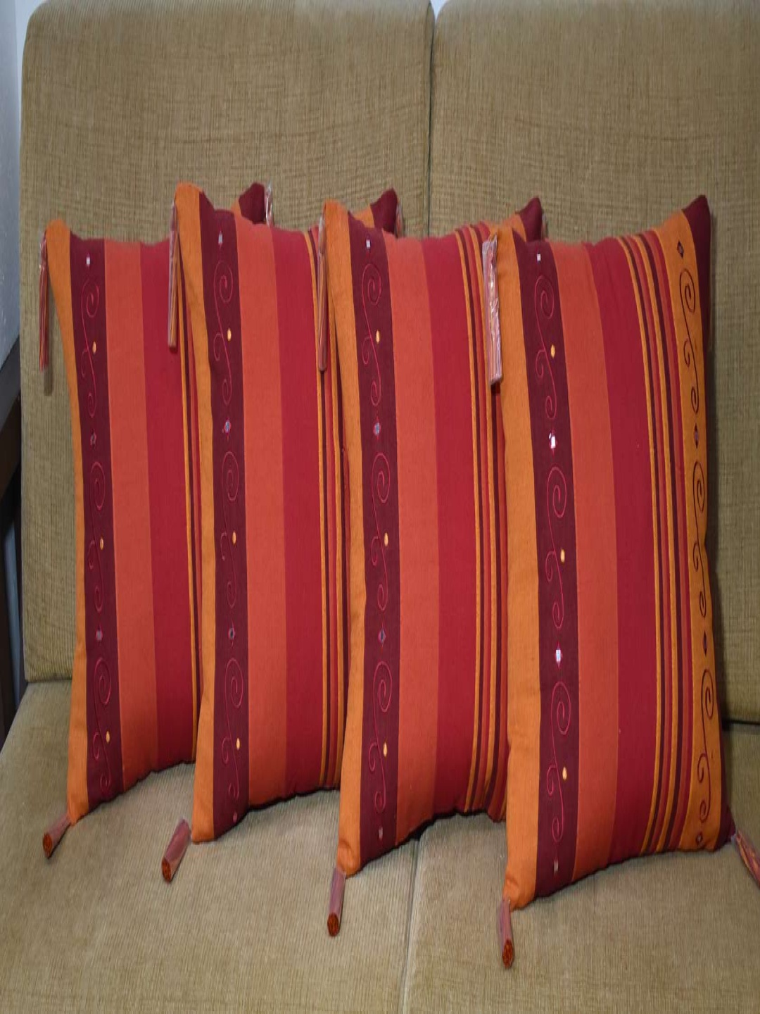 

Aura Red & Brown 4Pcs Striped Cotton Square Cushion Covers