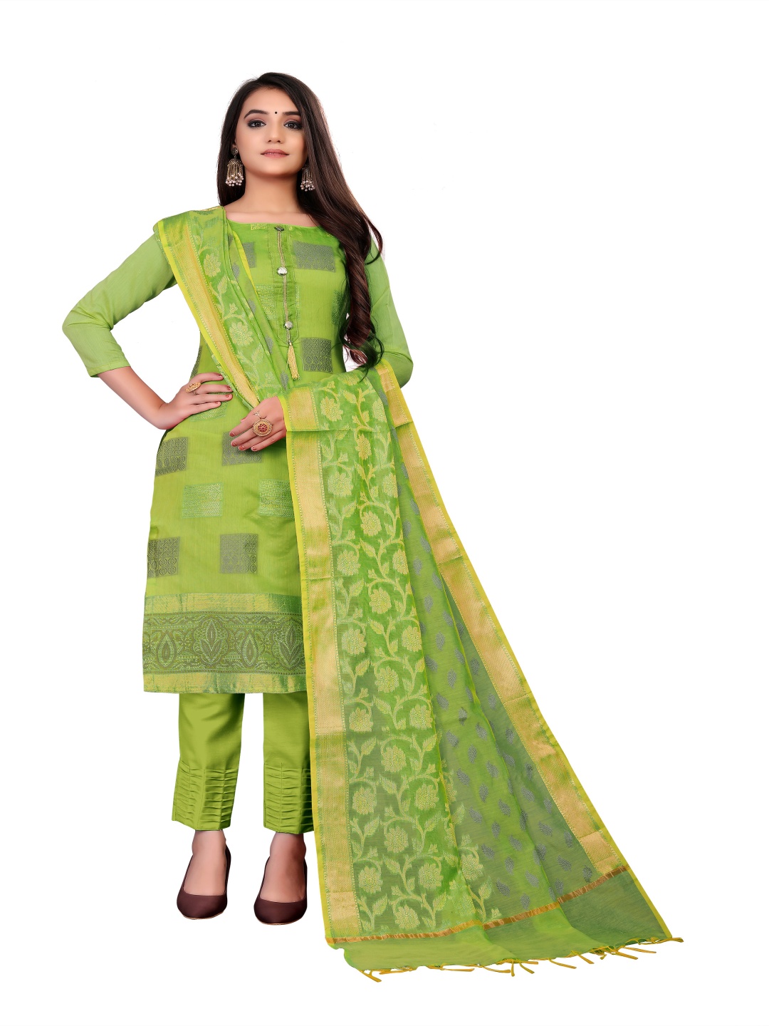 

HERE&NOW Embellished Unstitched Dress Material, Green