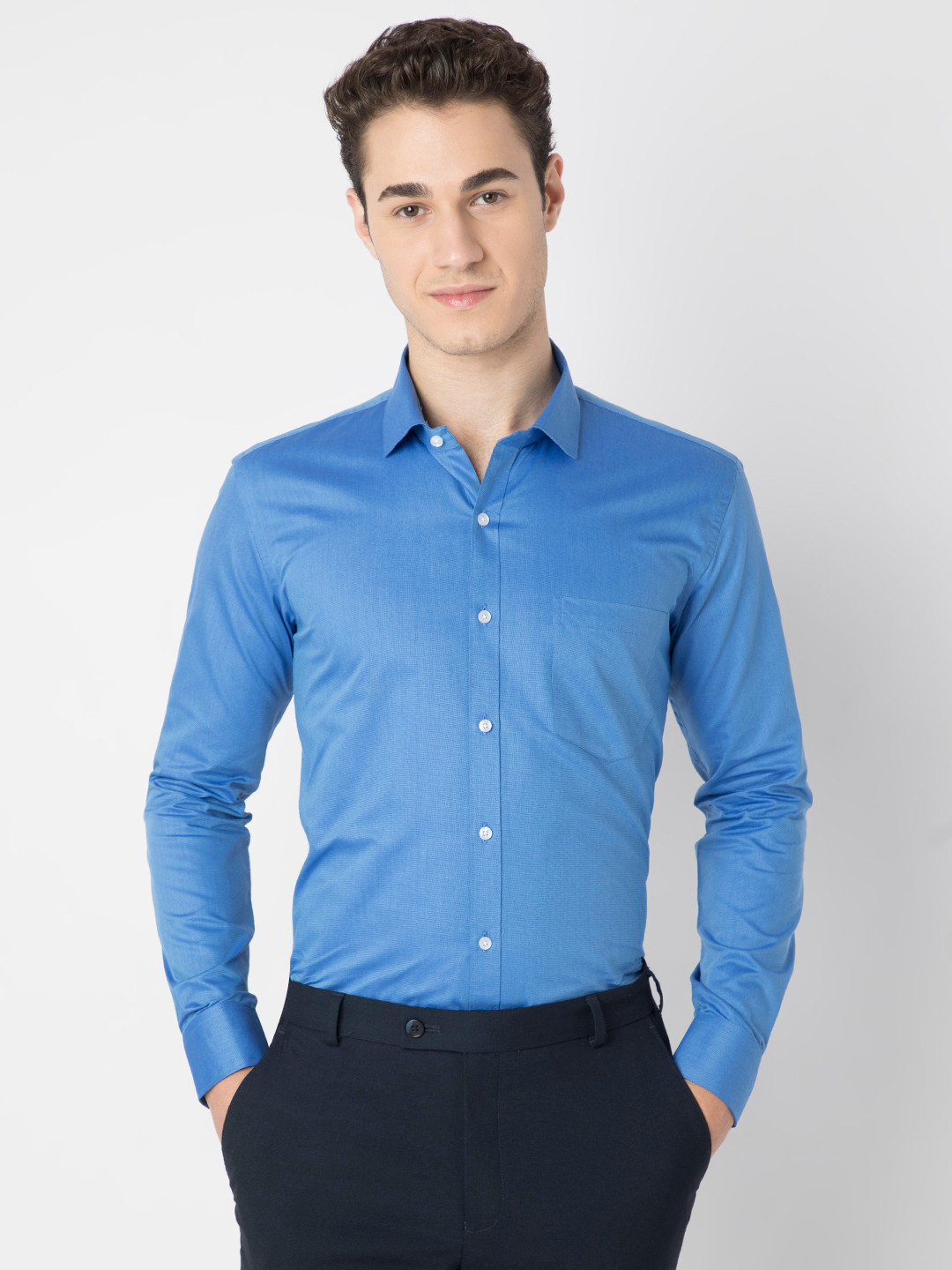 

MARK & ALBERT Men India Slim Fit Spread Collar Solid Cotton Formal Shirt, Blue