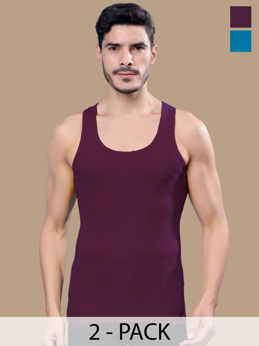 

Friskers Men Pack Of 2 Ribbed Cotton Gym Vests, Purple