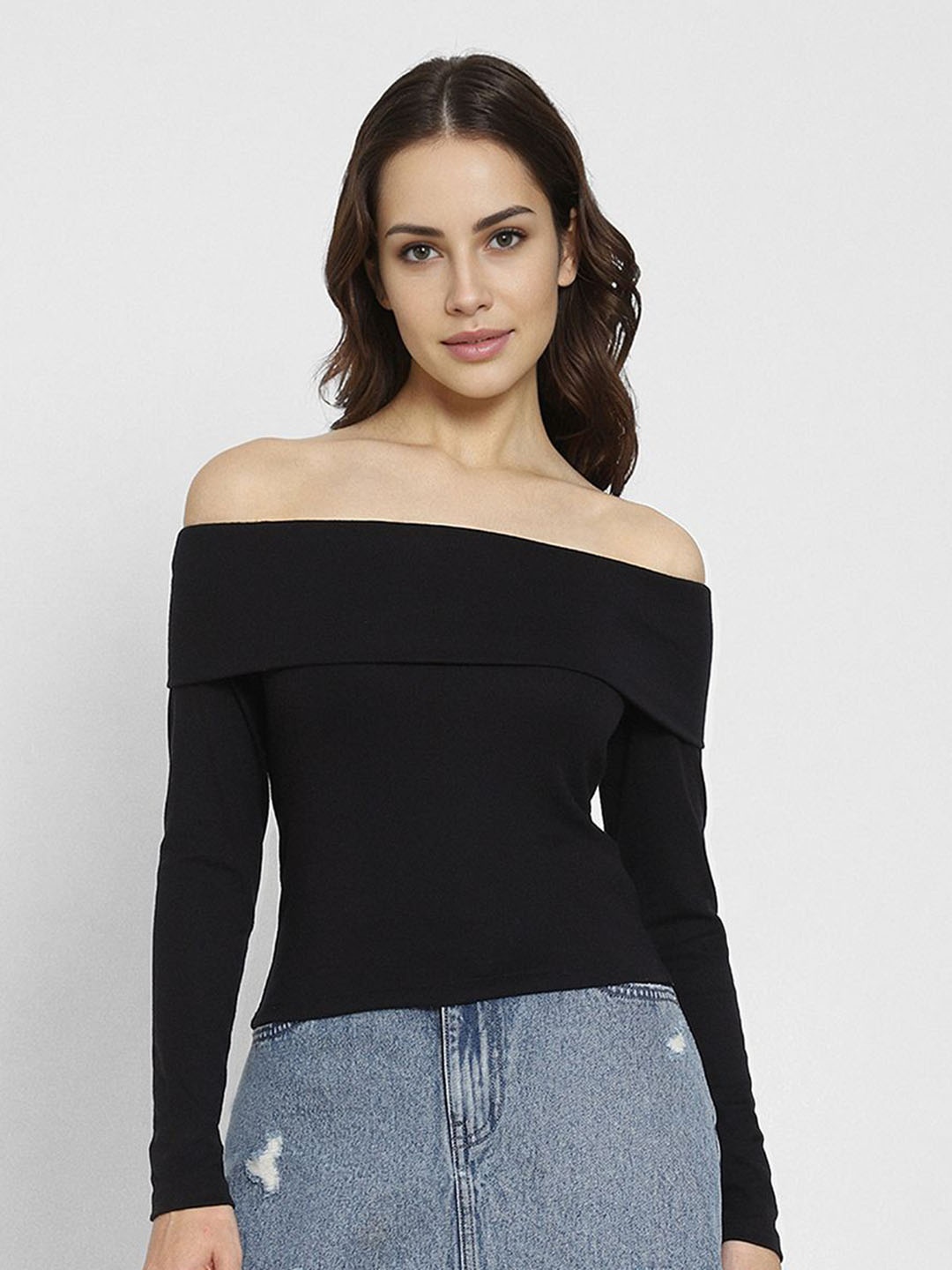 

AMERICAN EAGLE OUTFITTERS Women Solid Off Shoulder Bardot Top, Black