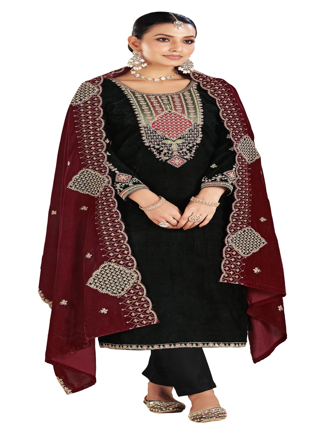 

DRAVINAM Trends Embroidered Velvet Unstitched Dress Material, Black