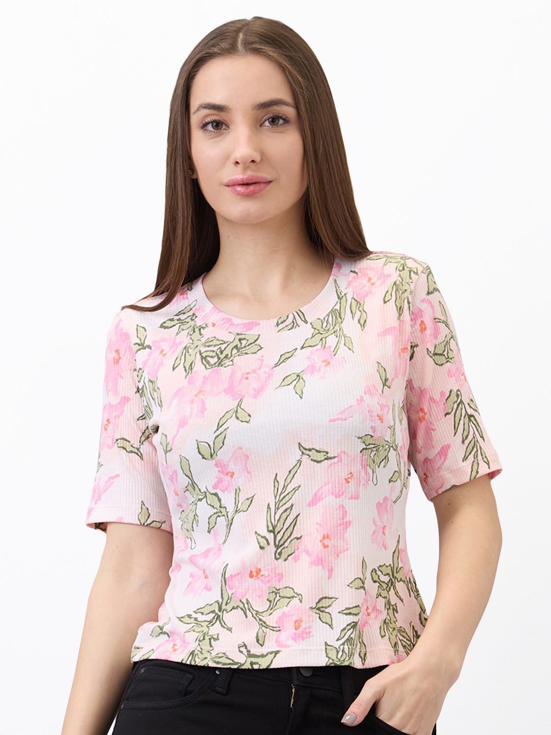 

SPYKAR Women Floral Printed Round Neck Slim Fit T-shirt, Pink