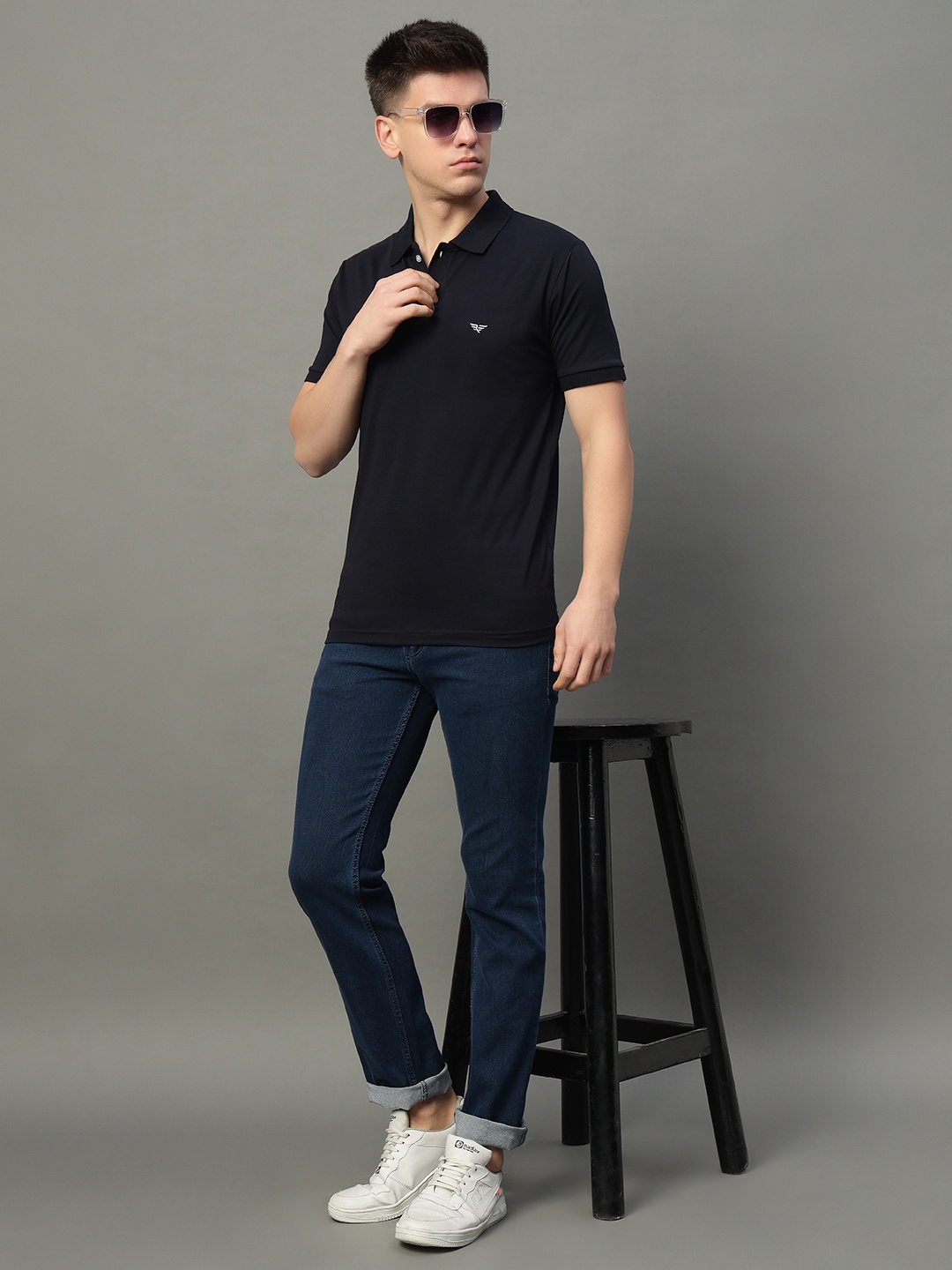 

RISS Men Solid Polo Collar Cotton T-shirt, Navy blue