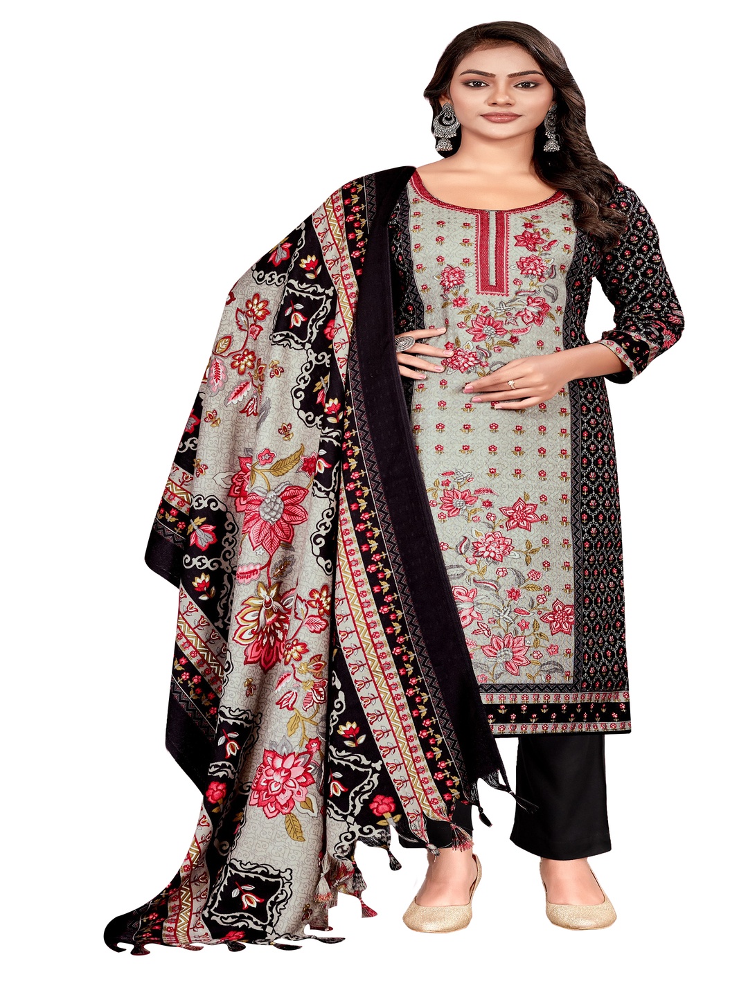 

DRAVINAM Trends Floral Printed Pashmina Unstitched Dress Material, Black