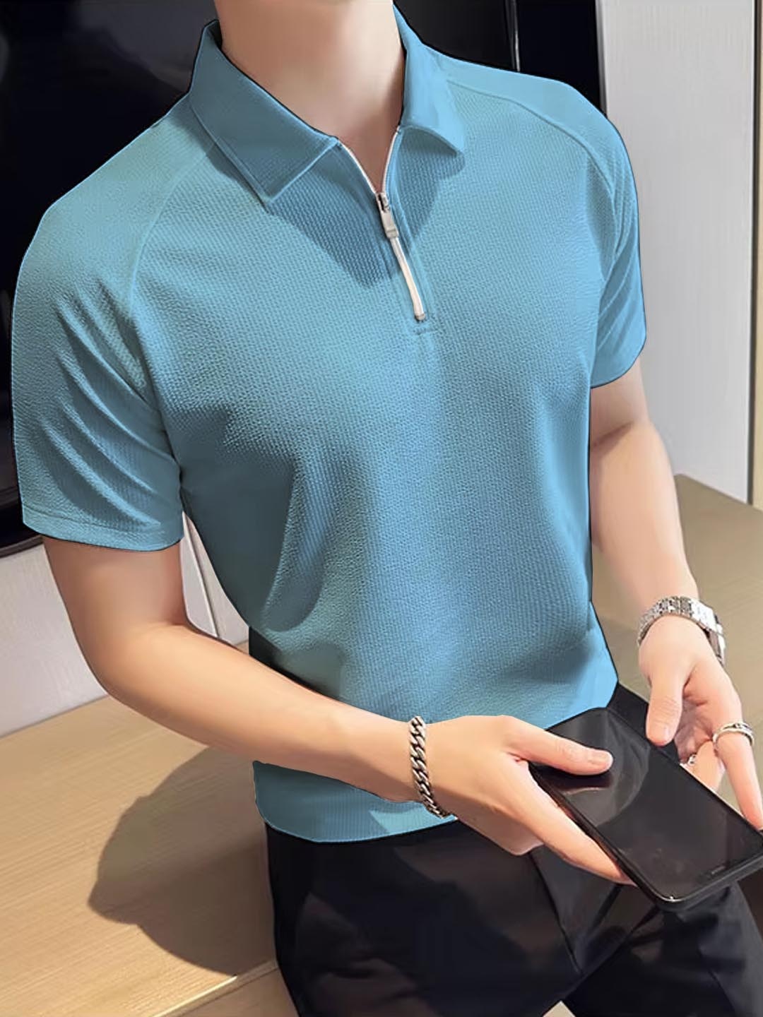 

madfrog Men Self Design Polo Collar Slim Fit T-shirt, Blue
