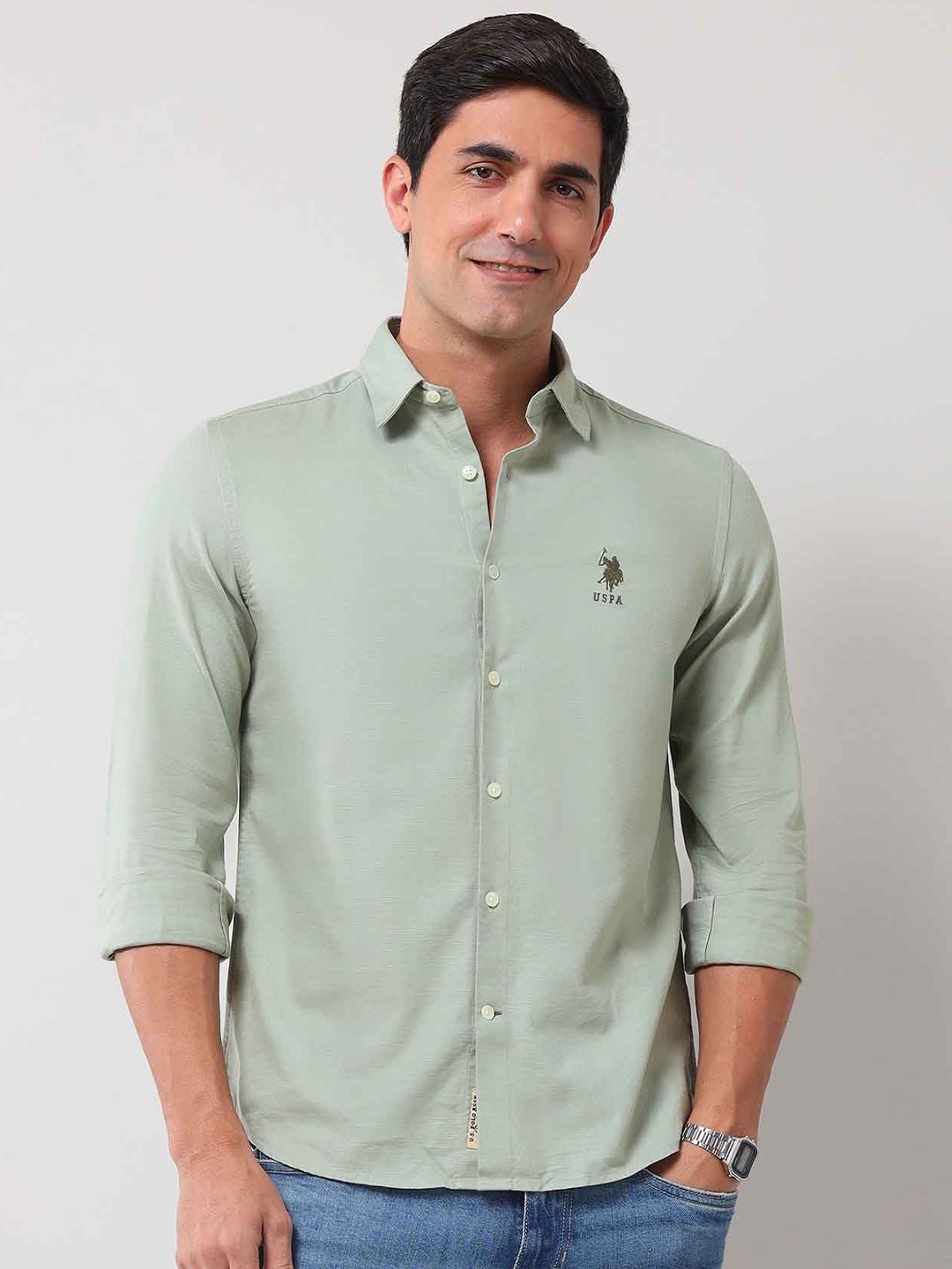 

U.S. Polo Assn. Denim Co. Men Classic Fit Spread Collar Solid Cotton Casual Shirt, Green