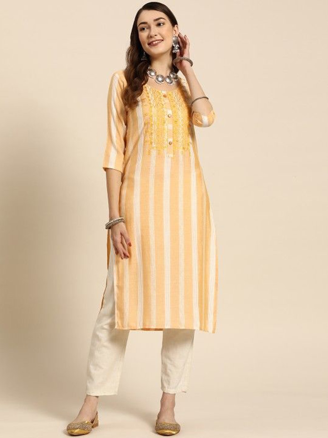 

Suha Striped Round Neck Straight Kurta, Yellow