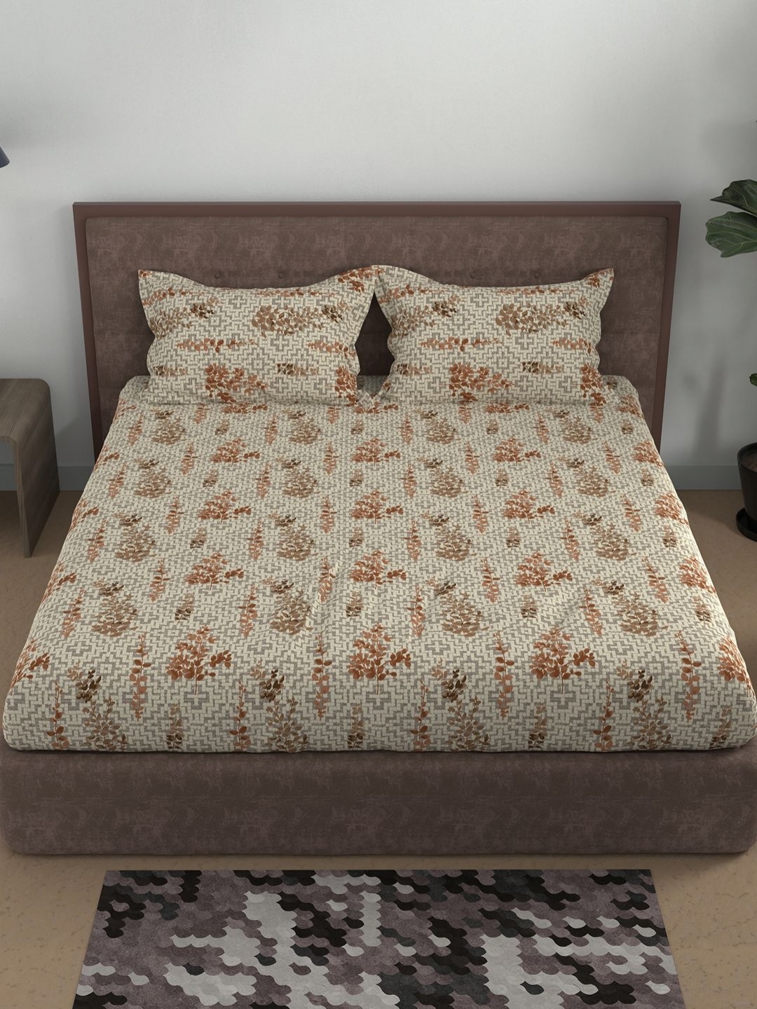 

BELLA CASA Brown Floral Printed180 TC Cotton Queen Bedsheet Set 2.7 m x 2.2 m