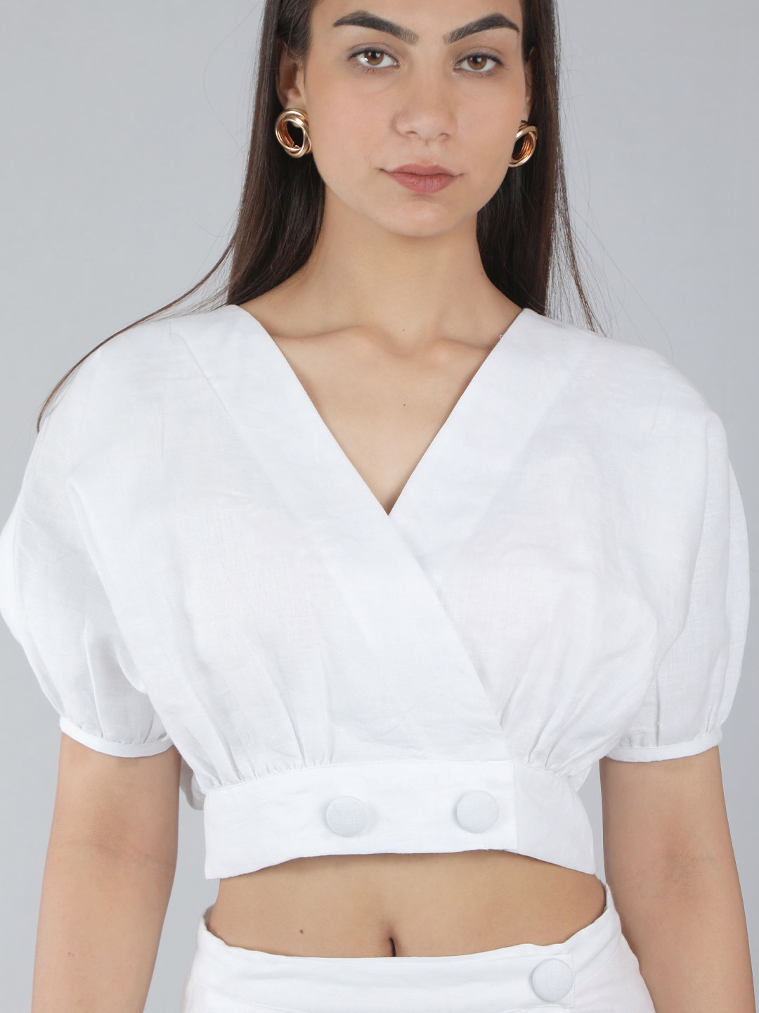 

House of Harakh Women V-Neck Wrap Crop Top, White