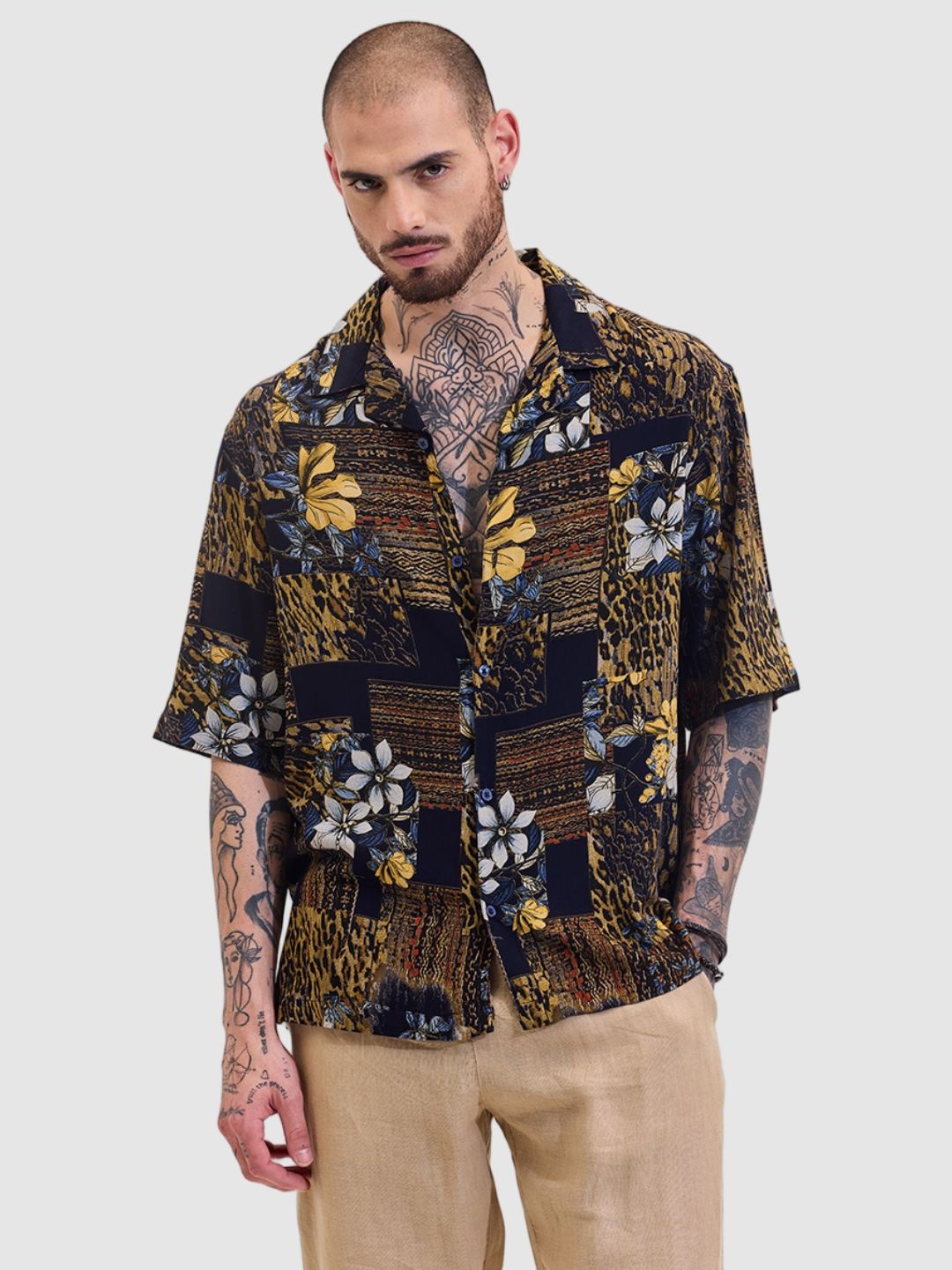 

Snitch Men Comfort Regular Fit Cuban Collar Floral Printed Casual Shirt, Yellow