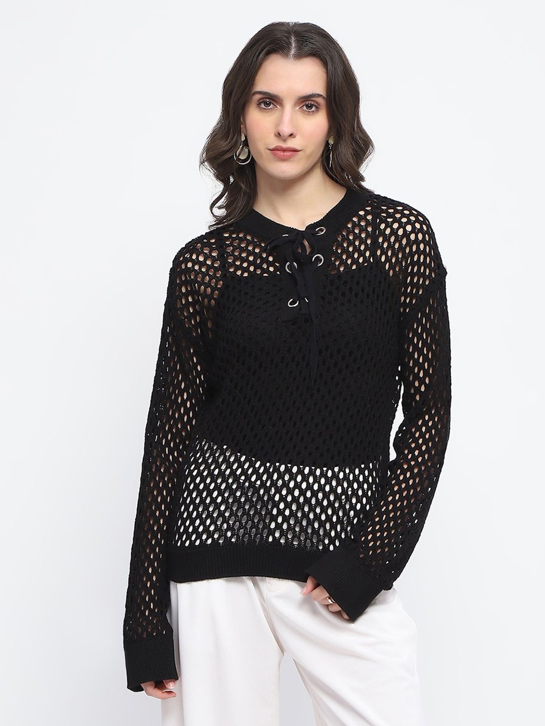 

Madame Tie-Up Neck Sheer Cotton Top, Black